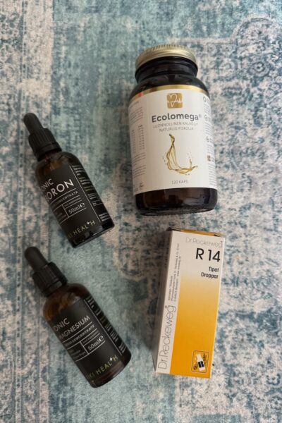 Vaihdevuosien lisäravinteet: KIKI Health magnesium ja boron, EcolOmega-kalaöljy ja Dr. Reckeweg -tipat