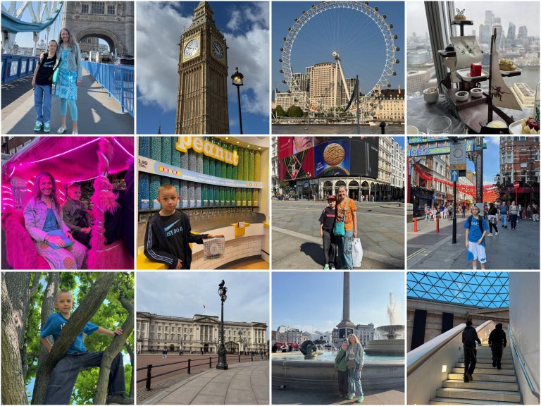 Lontoon nähtävyydet lapsille – kollaasi: Tower Bridge, Big Ben, London Eye, Piccadilly Circus, Chinatown, Buckingham, Trafalgar, British Museum, Hyde Park