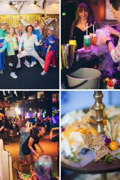Pikkujoulut ohjelma – kollaasi: teemapuvut, cocktailit, tanssi ja juustolautanen